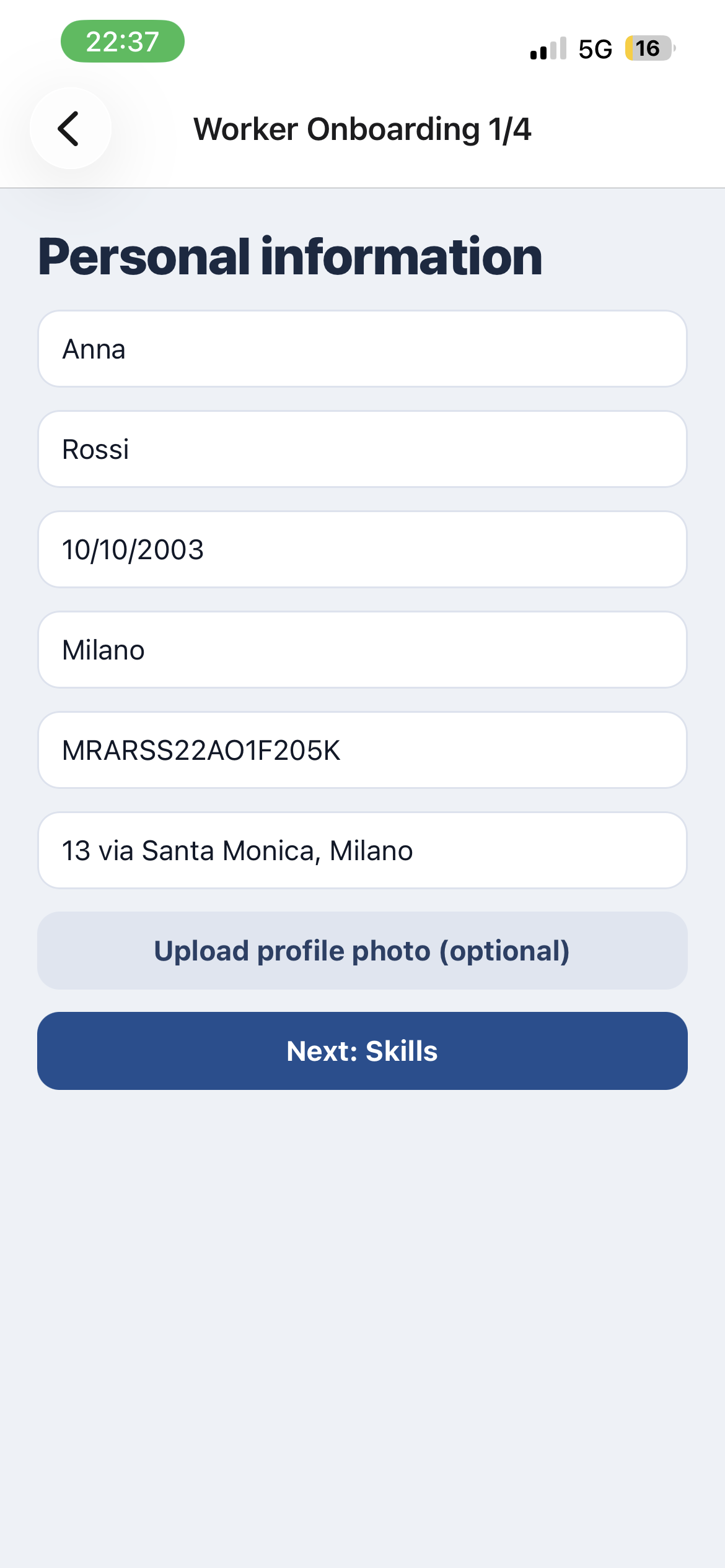 Worker onboarding step 1